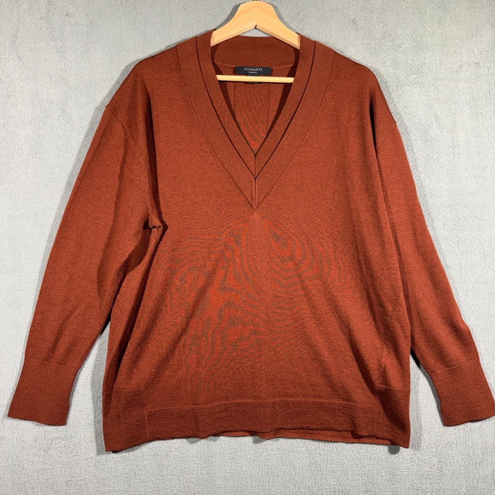 AllSaints Rust Orange 100% Wool V-Neck Pullover Sweater Medium Fine Knit
